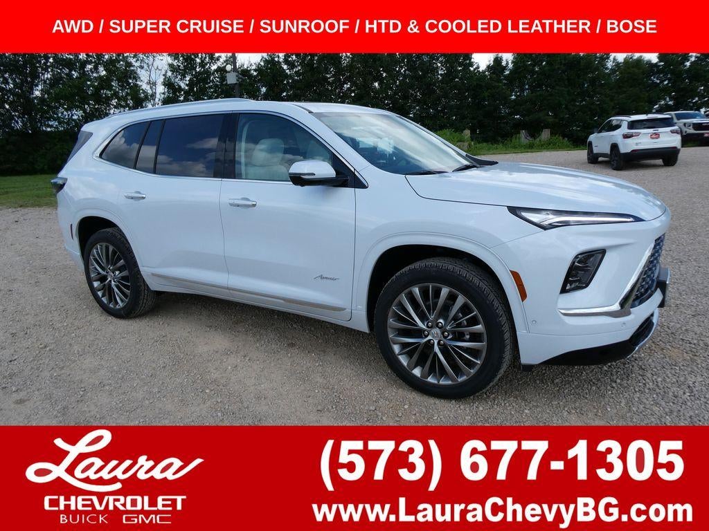 2026 Buick Enclave Avenir in Iridescent White Tricoat — front three-quarter view